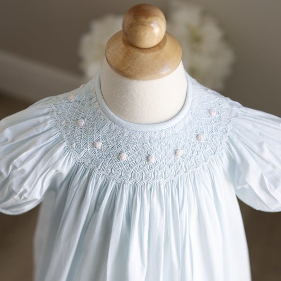 Smocked Dress Strasburg Aqua Blue Hand-Embroidery Size 18/24 Months 100% Cotton - Picture 2 of 6